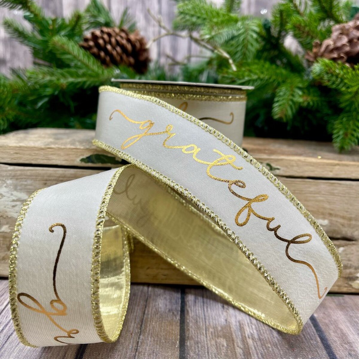 Gold Foil Taffeta Ribbon 1.5 Inch x 10 Yards White