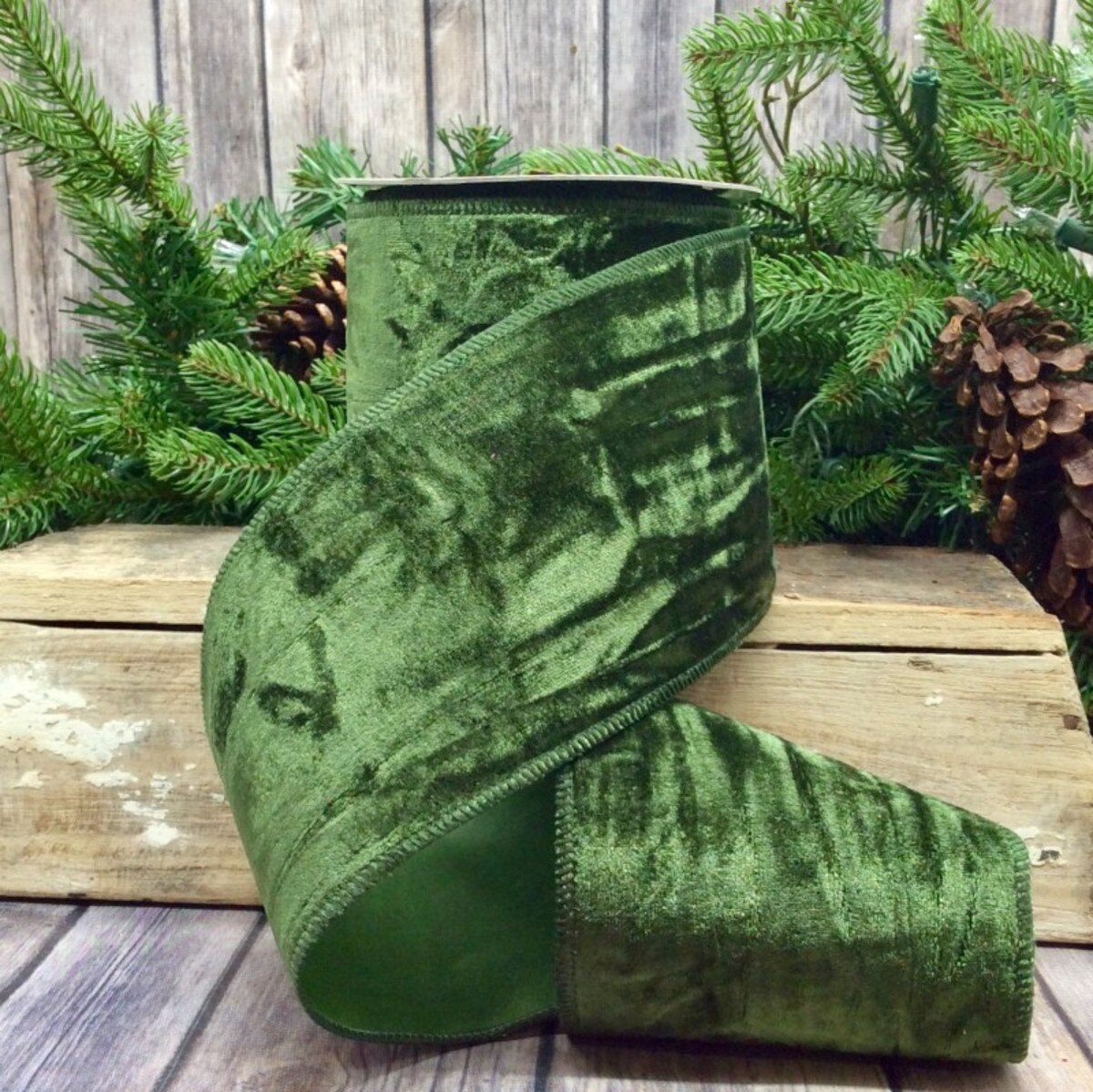 Crushed Velvet Ribbon in Hunter Green, 4 Inch x 10 Yards