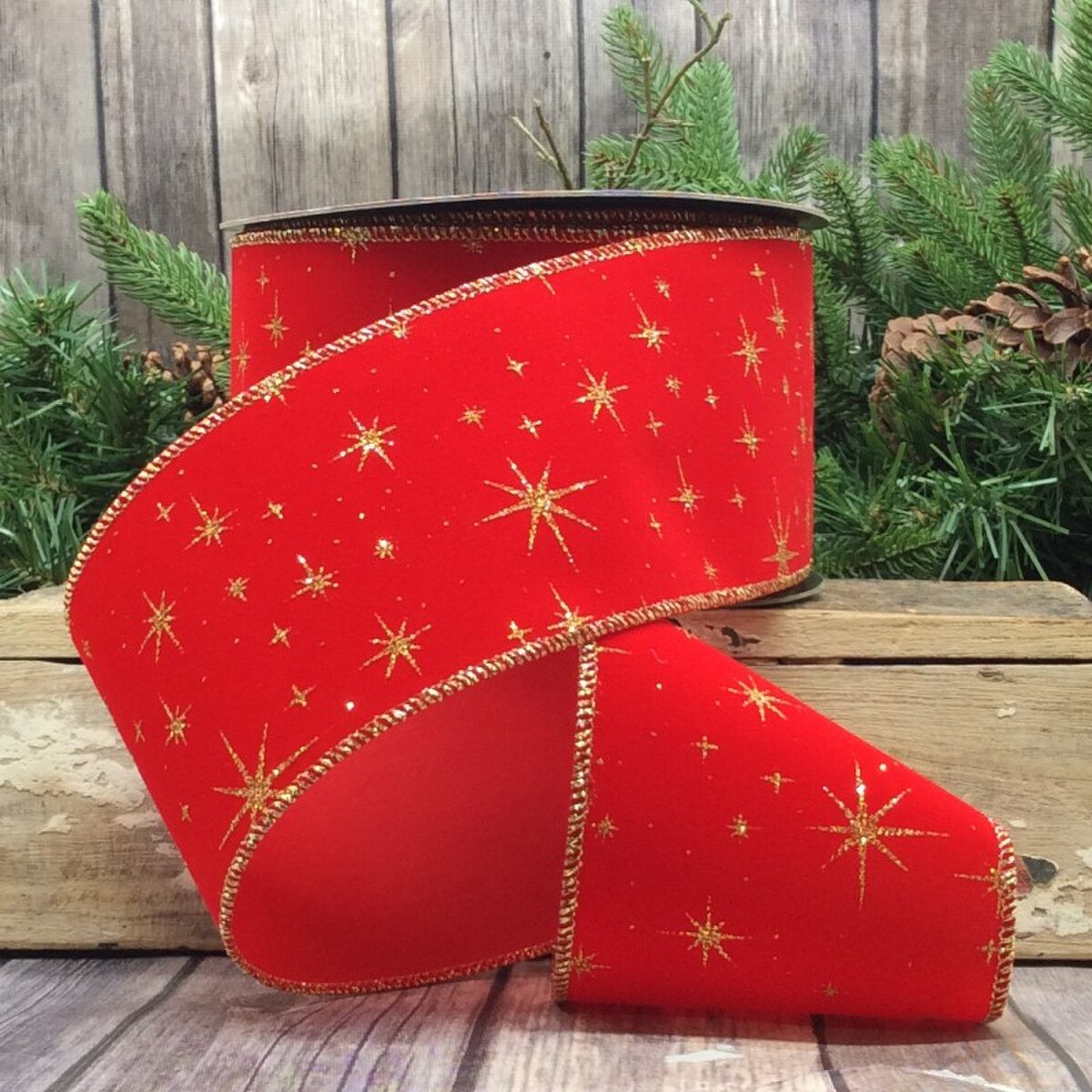Red Velvet Gold Glitter Stars Ribbon 4" x 25 Yds