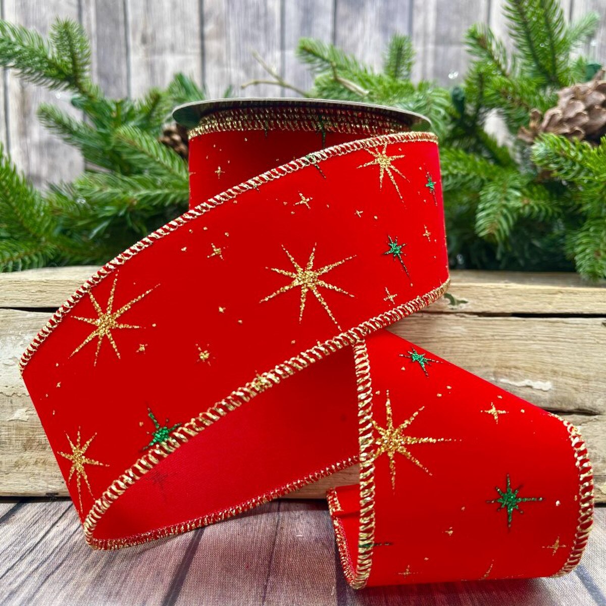 Glitter Stars Red Ribbon 2.5 Inch Velvet Gold Green