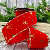 Glitter Stars Red Ribbon 2.5 Inch Velvet Gold Green