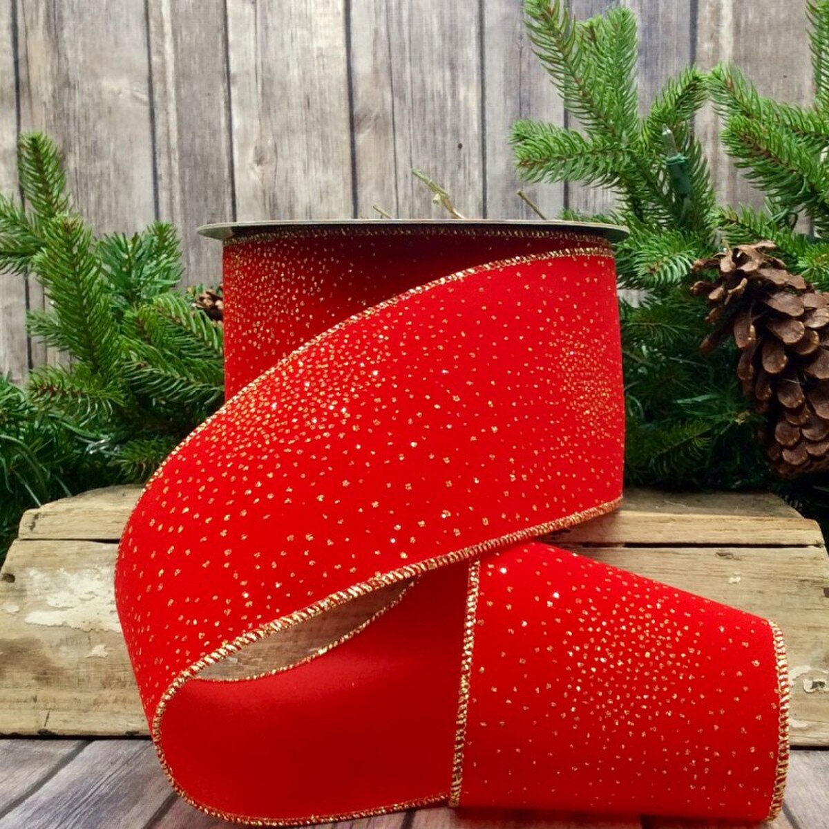 Red Velvet Gold Glitter Dots Ribbon 4 Inch x 25 Yards