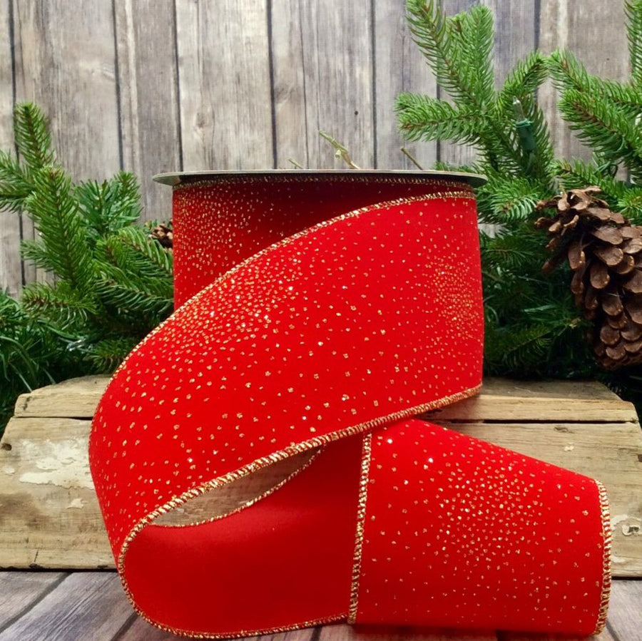 Red Velvet Gold Glitter Dots Ribbon 4 Inch x 25 Yards