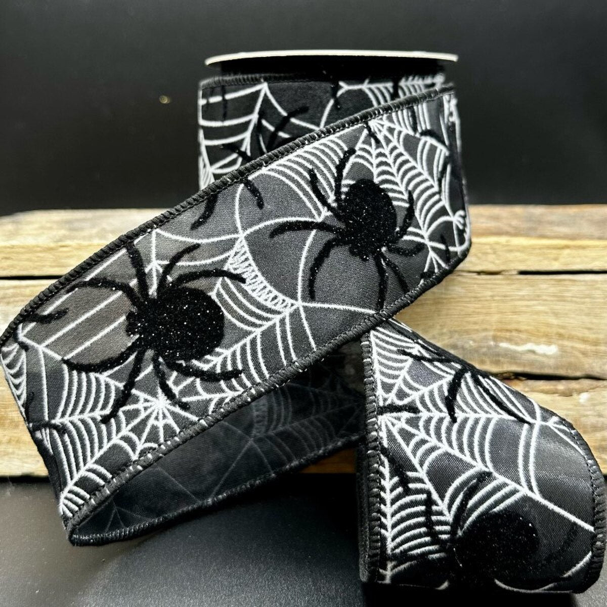 Black Satin Flocked Spiders Ribbon 2.5" x 10 Yds