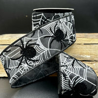 Black Satin Flocked Spiders Ribbon 2.5