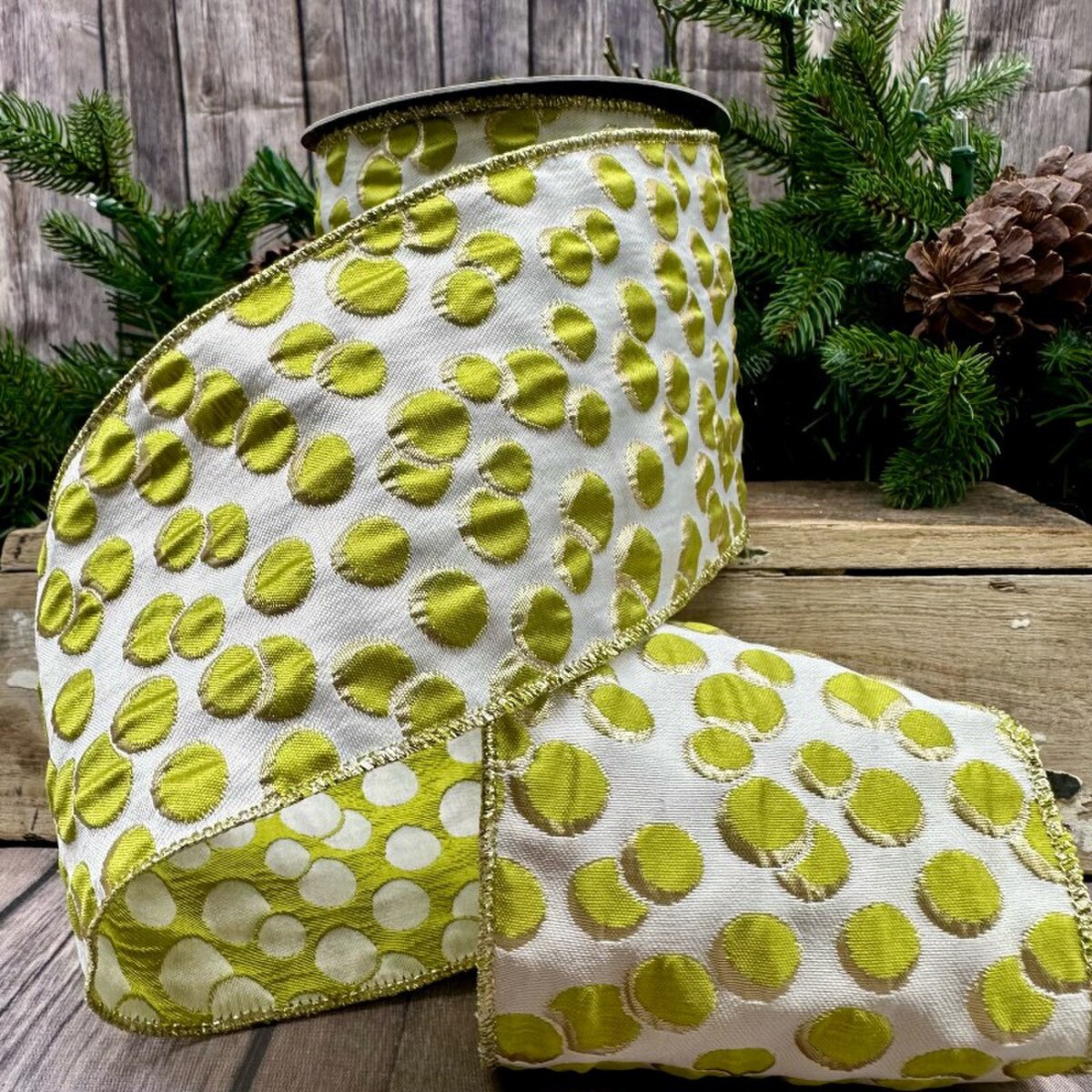 Ivory Ribbon with Jacquard Modern Green Dots 4" x 10 Yds