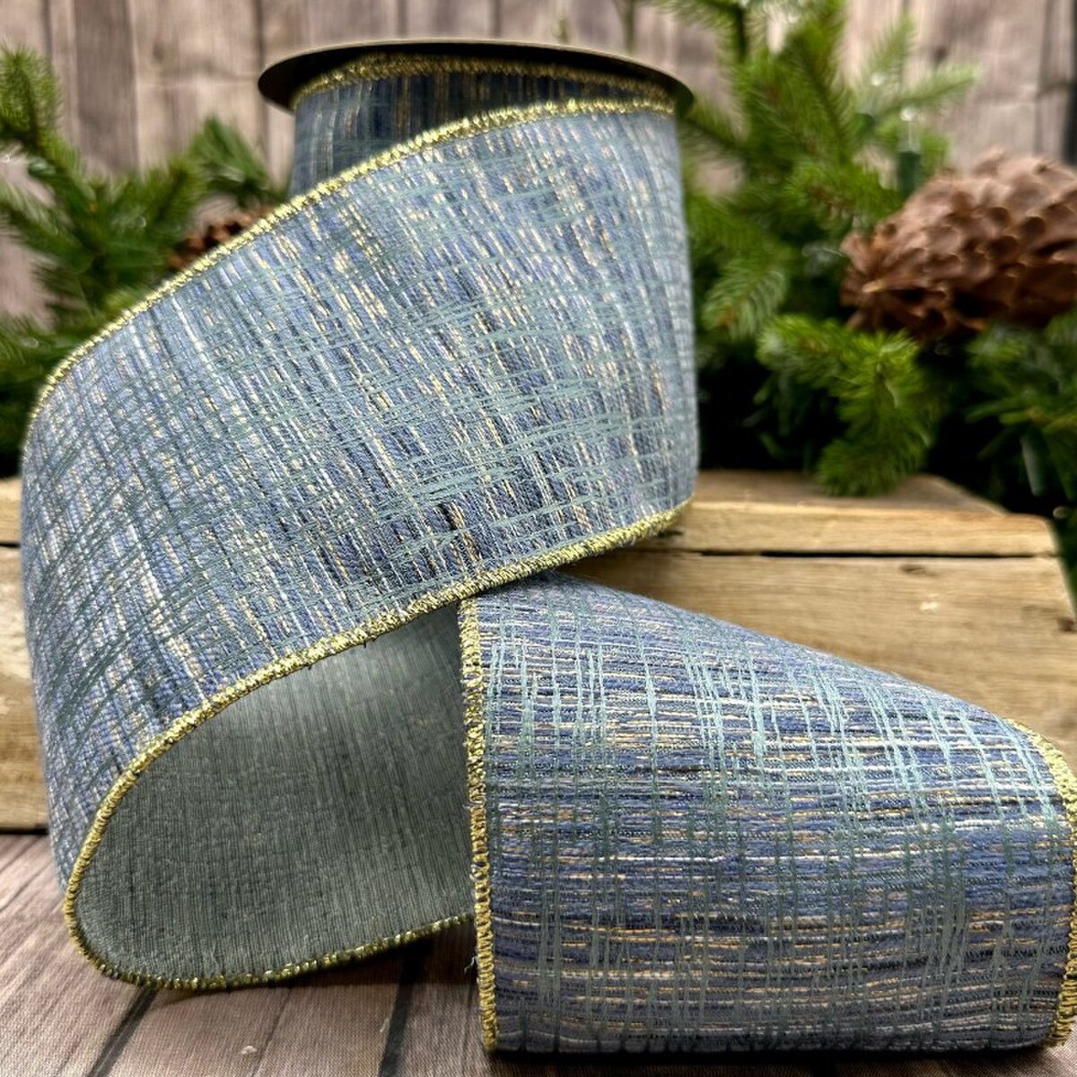 Blue Gold Jacquard Crisscross Pattern Ribbon 4" x 10 Yds