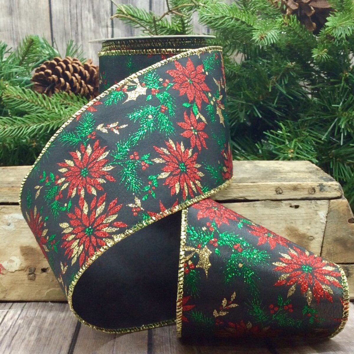 Black Satin Glitter Poinsettia Holly Ribbon 4" x 10 Yds