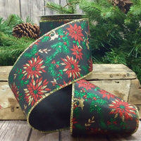 Black Satin Glitter Poinsettia Holly Ribbon 4