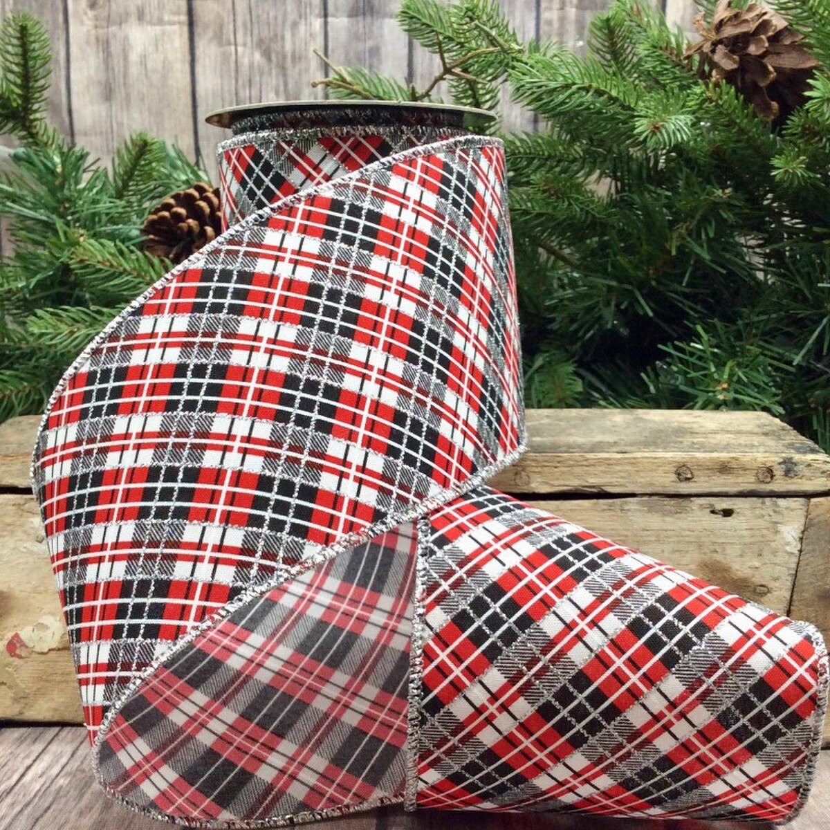 Linen Ribbon Red Black White Silver Glitter Plaid 4" x 10 Yds