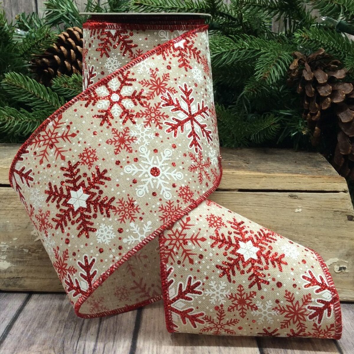 Linen Ribbon Red White Snowflakes 4 Inch x 10 Yards