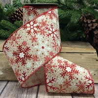 Linen Ribbon Red White Snowflakes 4 Inch x 10 Yards