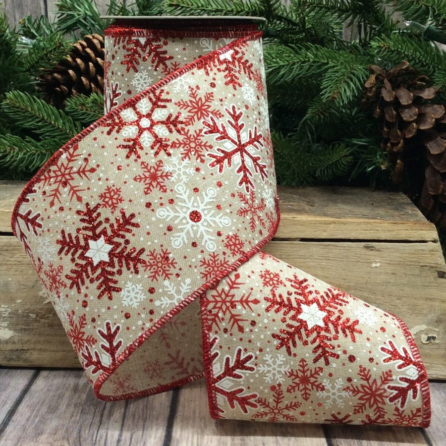Linen Ribbon Red White Snowflakes 4 Inch x 10 Yards