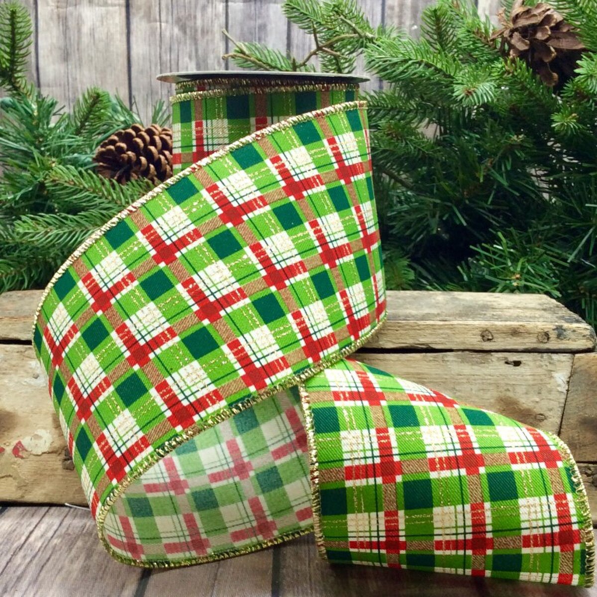Linen Ribbon Holiday Plaid Green Red Ivory 4" x 10 Yds