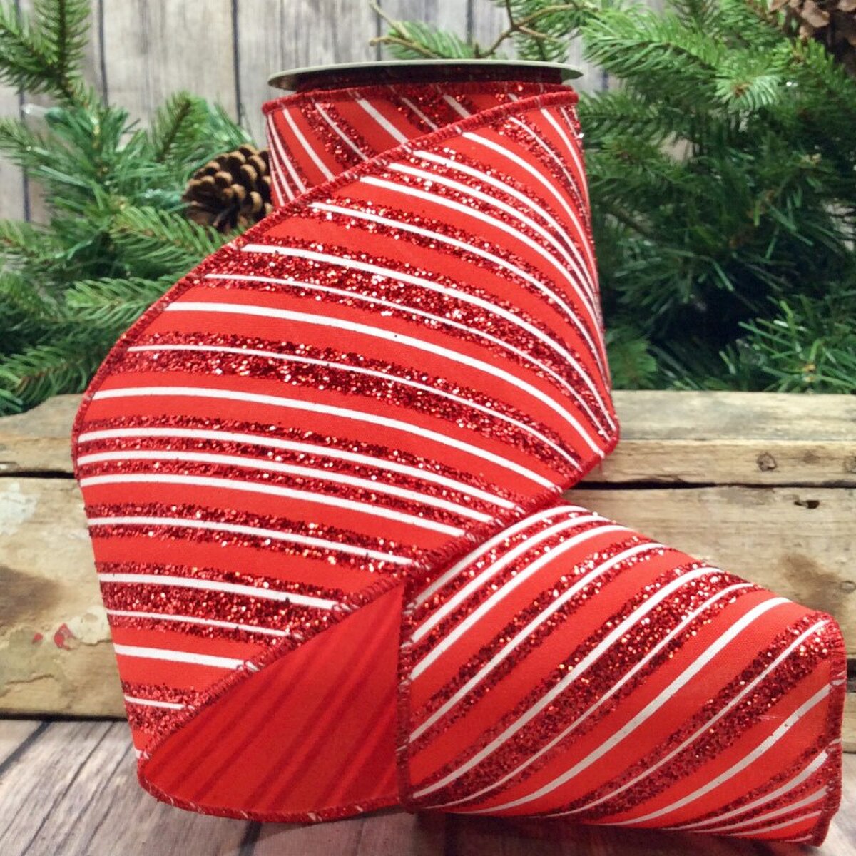 Red Stripe Satin Glitter Ribbon 4 Inch x 10 Yards