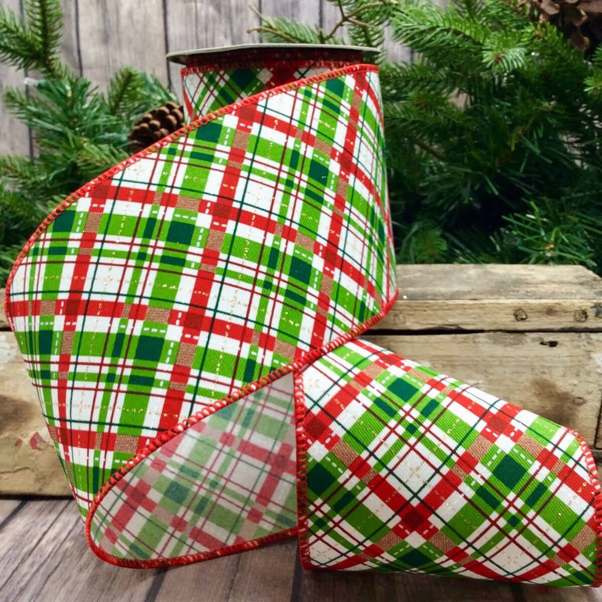 Linen Ribbon Red Green White Diagonal Plaid 4" x 10 Yds