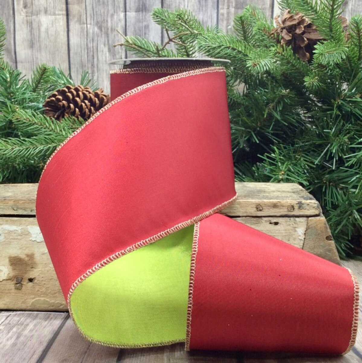 Taffeta Ribbon Red Lime Green Double Sided 4 Inch x 10 Yds