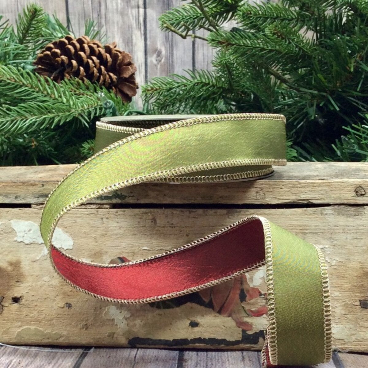 Taffeta Ribbon Double Sided Olive Green Burgundy 1 Inch 10 Yds