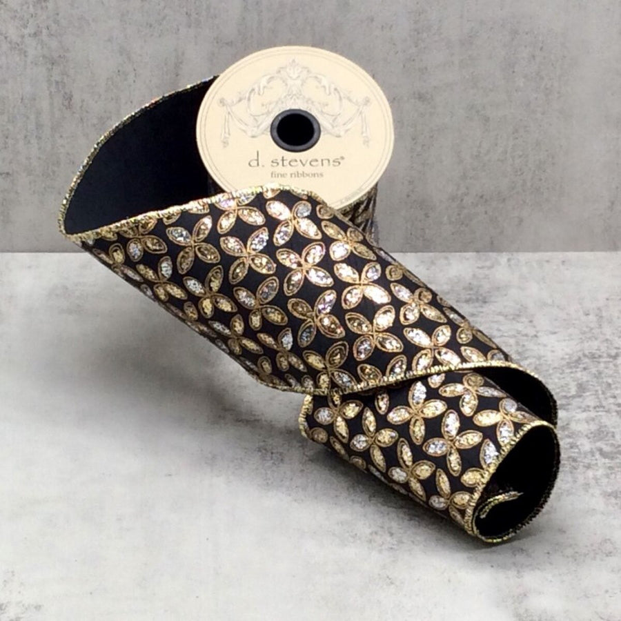 Black Gold Taffeta Floral Glitter Ribbon 4" x 10 Yds