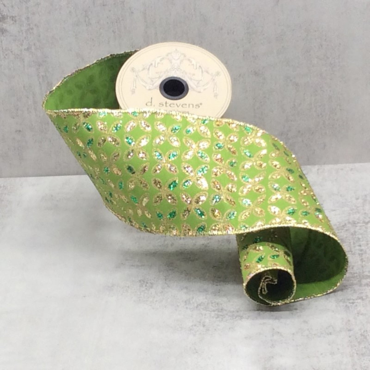 Floral Glitter Taffeta Ribbon Green Gold 4 Inch x 10 Yds