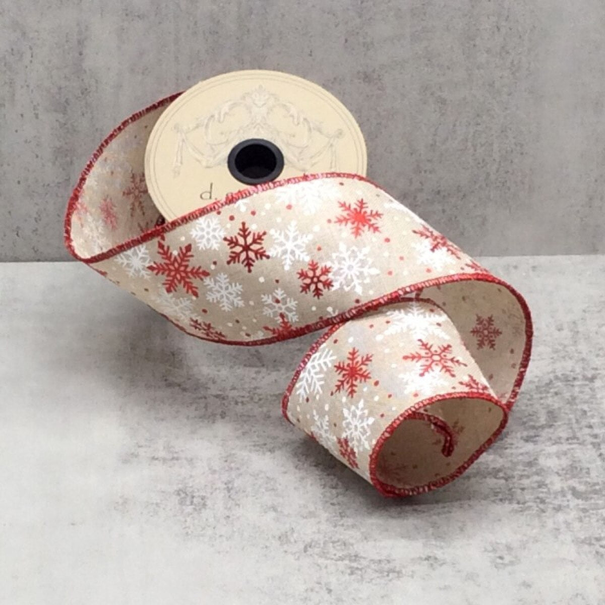 Faux Linen Snowflakes Ribbon Red White 2.5" x 10 Yds