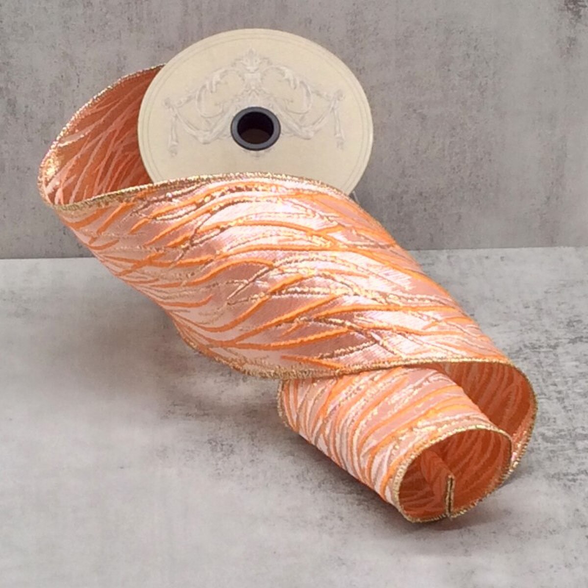 Orange Gold Metallic Abstract Brocade Ribbon 4 Inch x 10 Yds