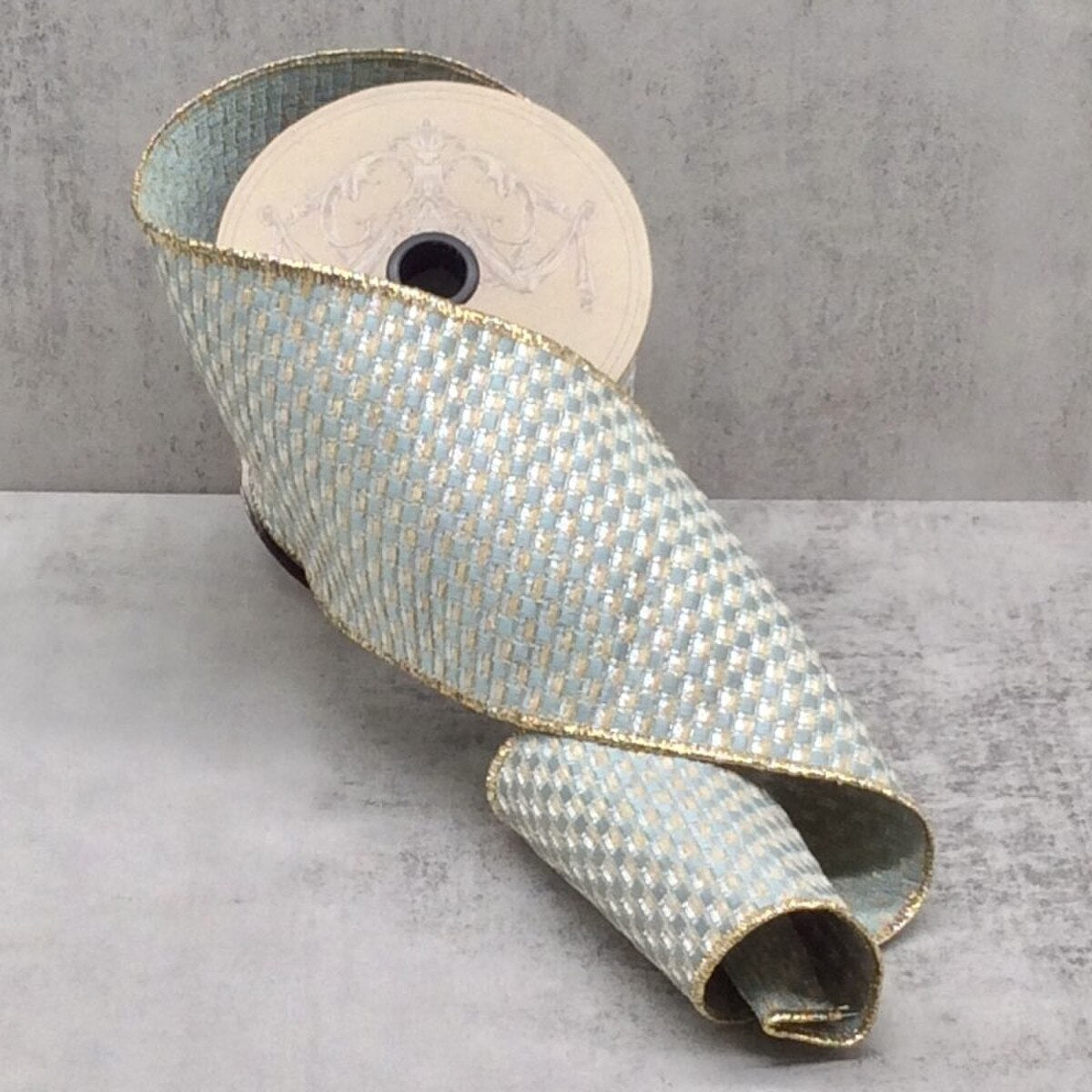 Gold Celadon Jacquard Basketweave Ribbon 4" x 10 Yds
