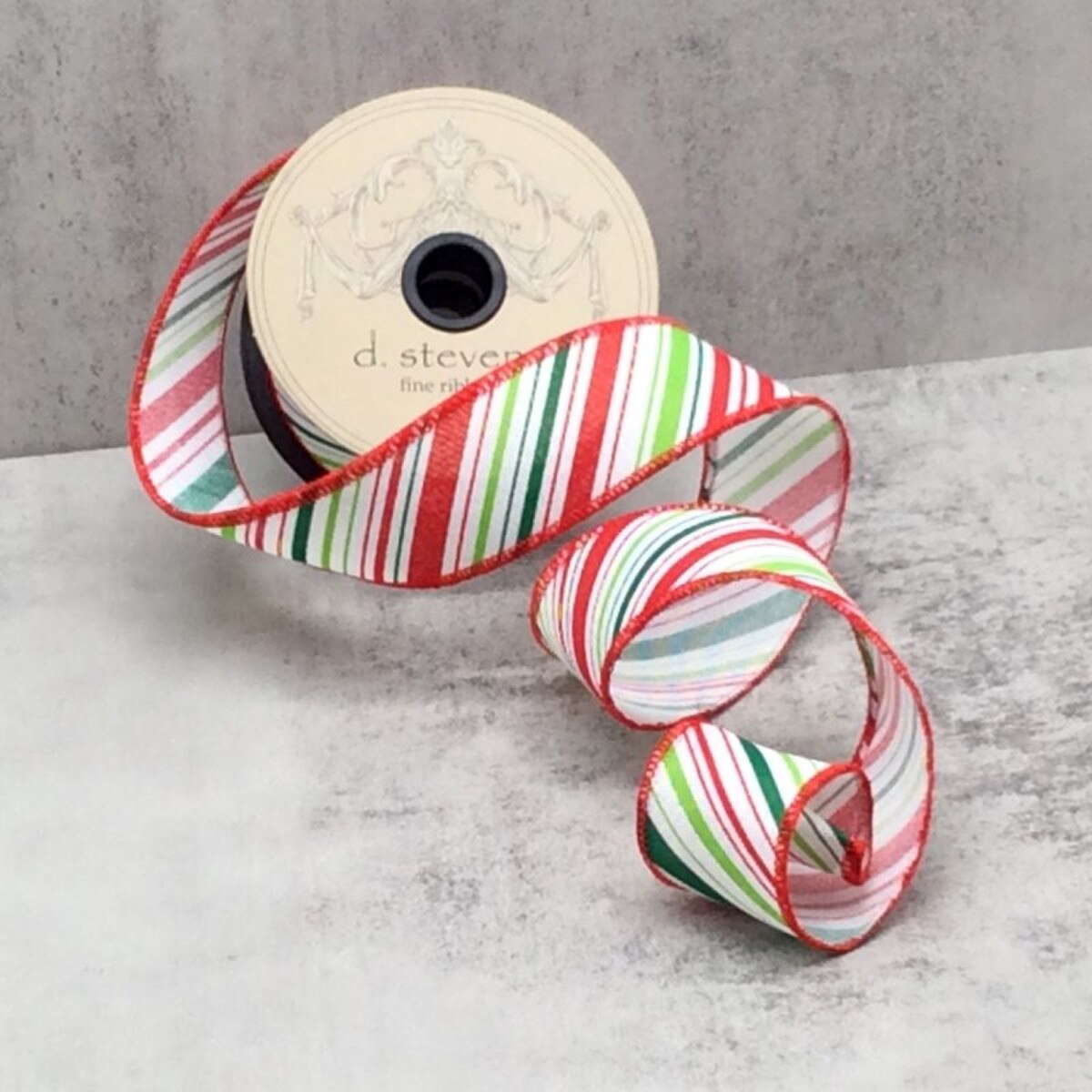 Linen Ribbon Red Lime Green Diagonal Stripes 1.5" x 10 Yds