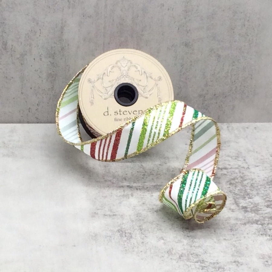 Satin Ribbon with Glitter Stripes in Emerald Lime Red White