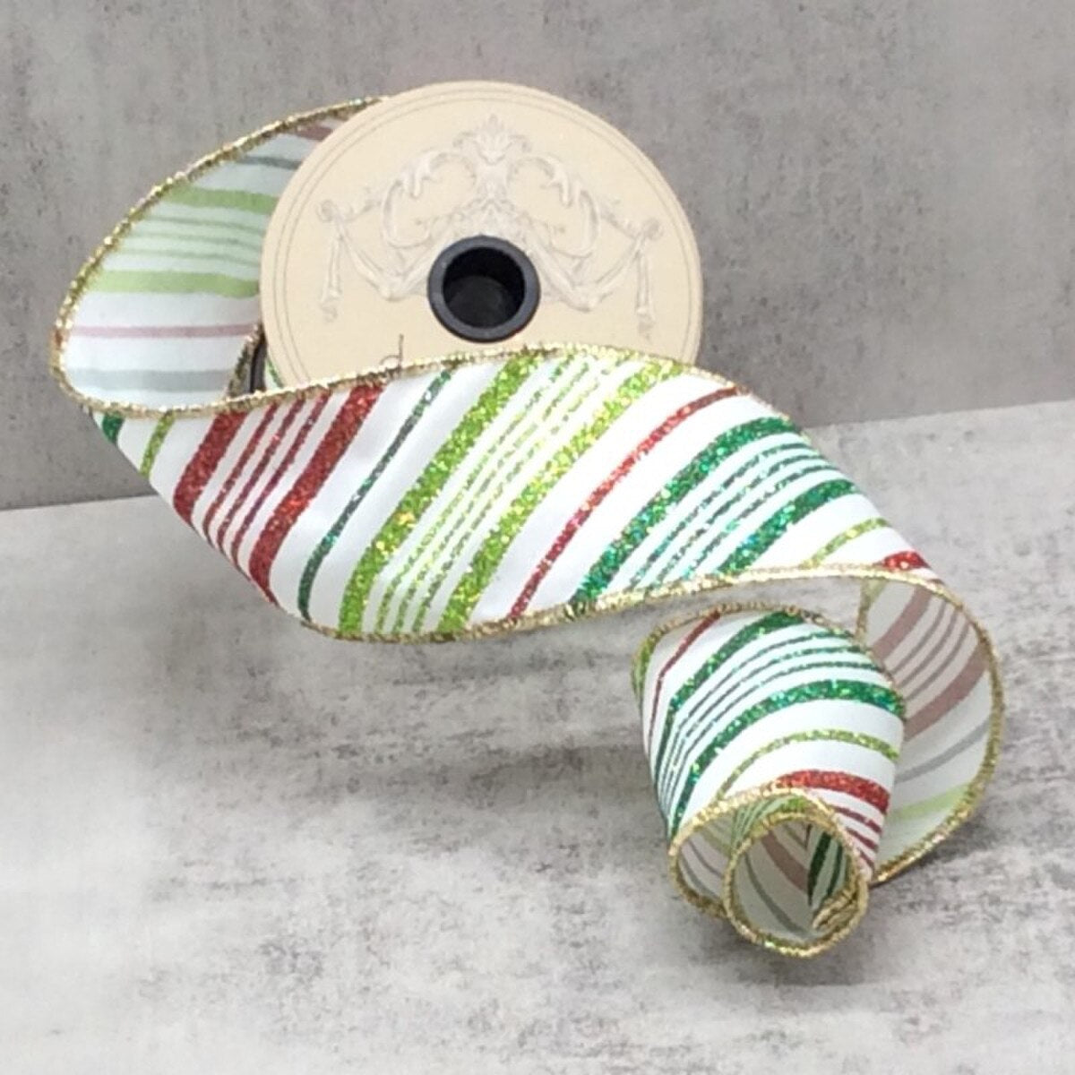 Satin Ribbon with Glitter Stripes in Emerald Lime Red White