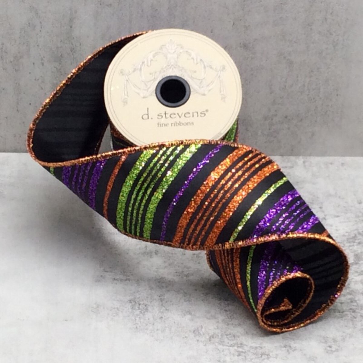Satin Ribbon with Glitter Stripes in Orange Lime Purple Black