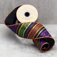Satin Ribbon with Glitter Stripes in Orange Lime Purple Black