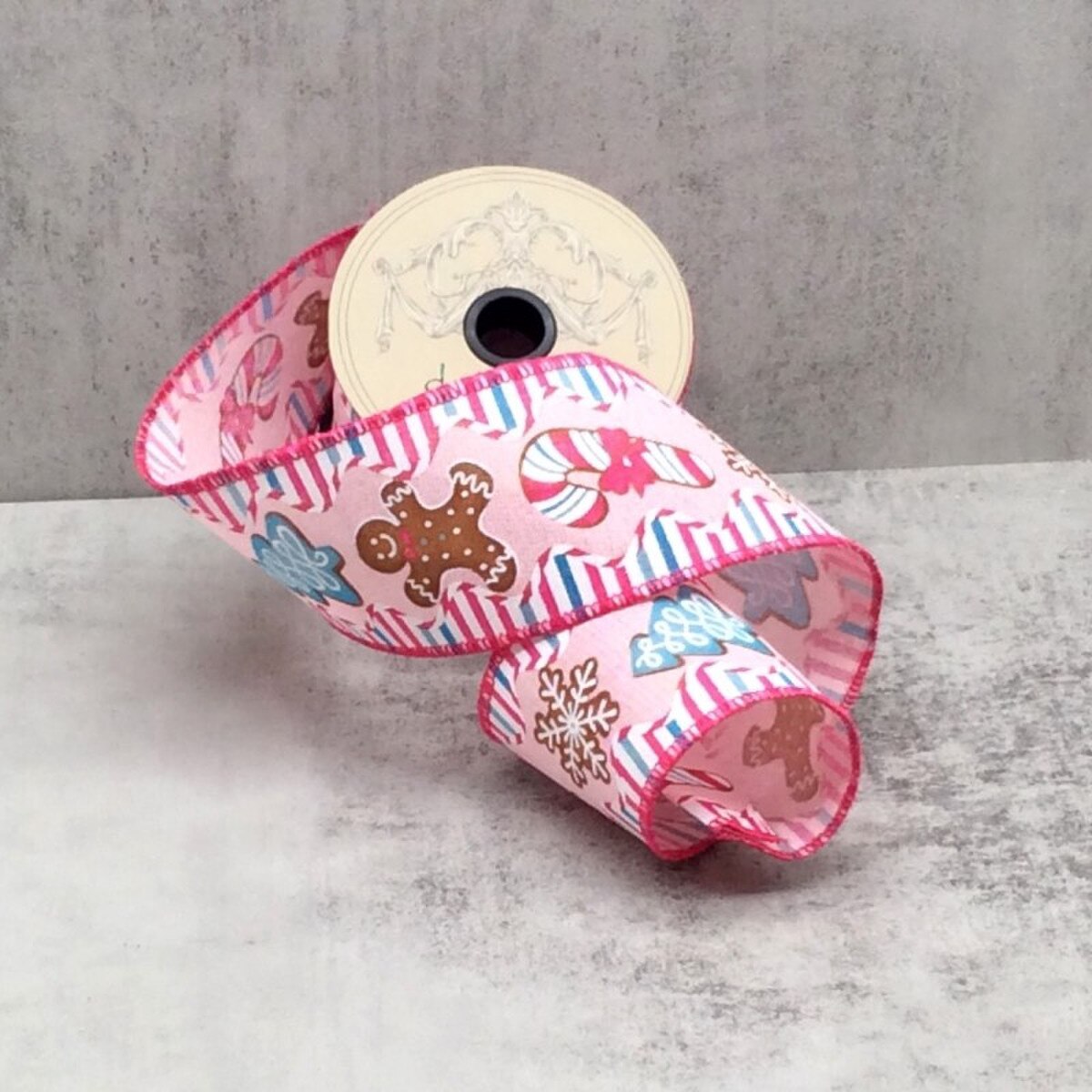 Ginger Bread Cookies Taffeta Stripe Edge Pink Ribbon 2.5" x 10 Yds