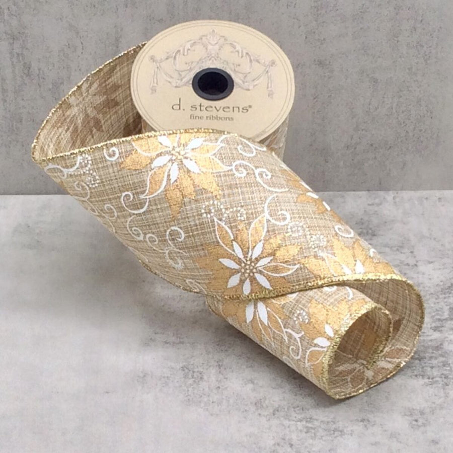 Poinsettia Swirl Natural Ribbon Linen Gold White 4" x 10 Yds