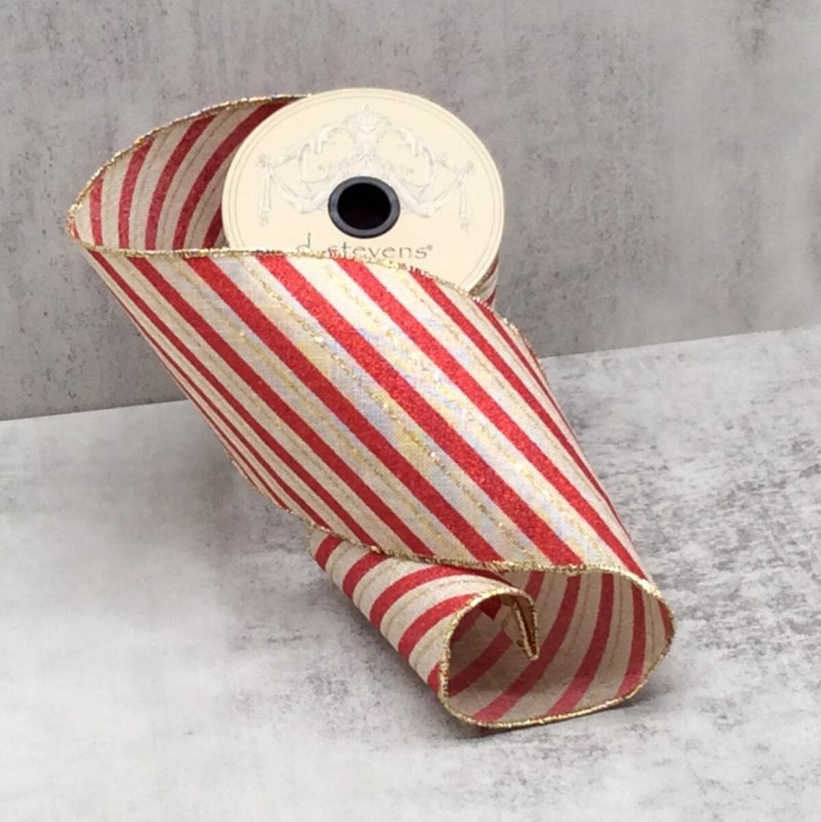 Linen Ribbon Red Gold Glitter Diagonal Stripe 4" x 10 Yds