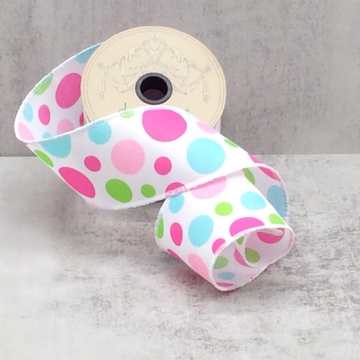 Polka Dots White Ribbon 2.5" x 10 Yds Linen Pink Blue Green