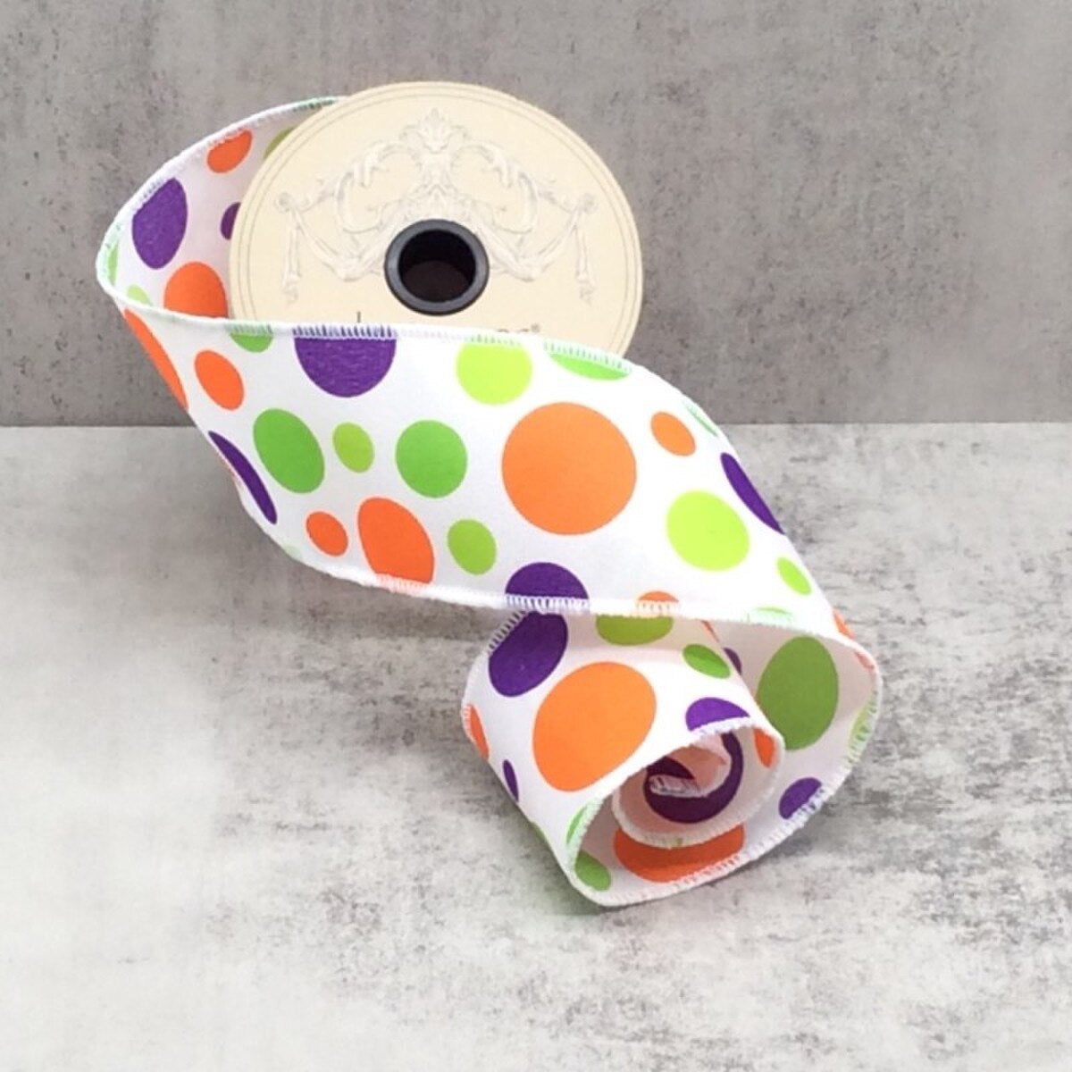 Polka Dots White Ribbon 2.5 Inch Orange Green Purple