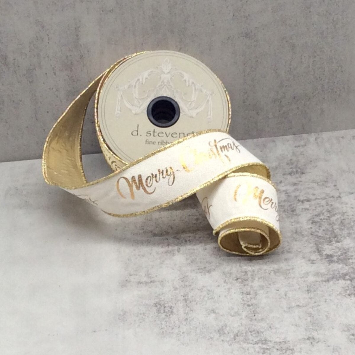 Ivory Ribbon Linen Gold Merry Christmas 1.5 Inch x 10 Yds