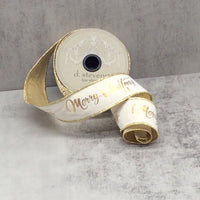 Ivory Ribbon Linen Gold Merry Christmas 1.5 Inch x 10 Yds