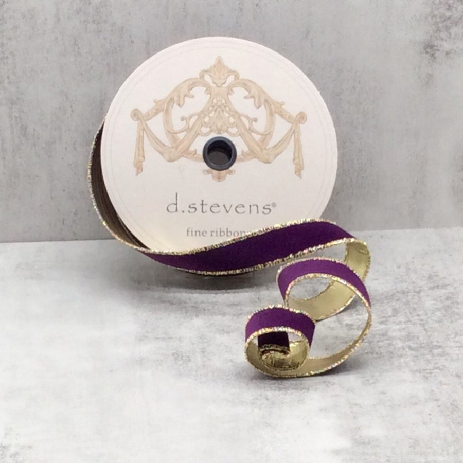 Eggplant Flocked Velvet Ribbon with Metallic Gold Back 1" x 25 Yds
