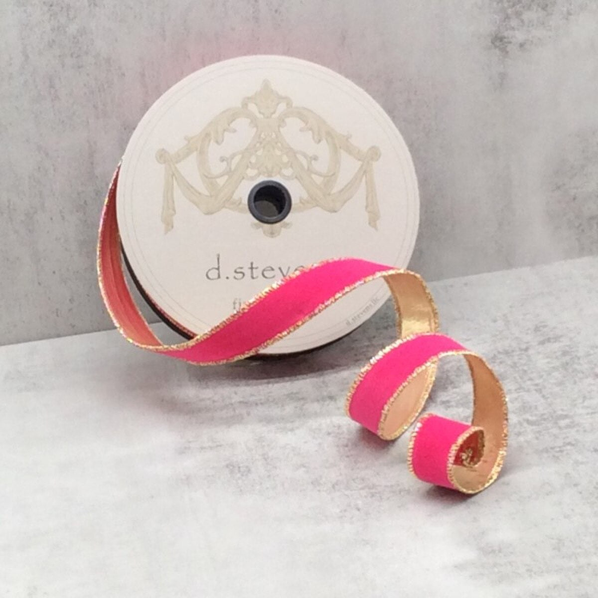 Hot Pink Ribbon Flocked Velvet Metallic Gold Back 1 Inch x 25 Yds
