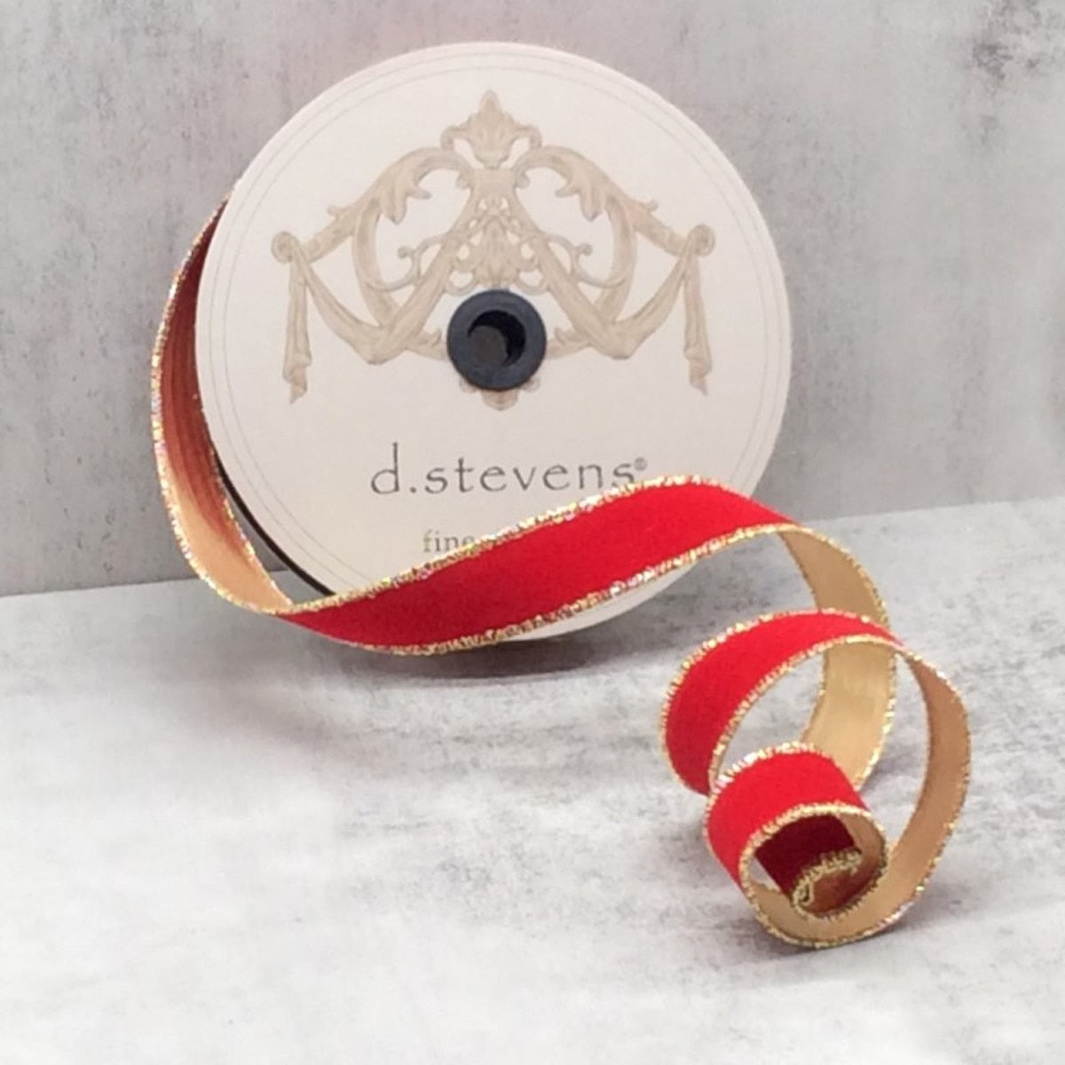 Cranberry Flocked Velvet Ribbon with Metallic Gold Back 1" x 25 Yds