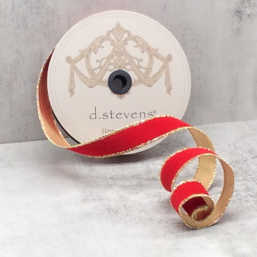 Cranberry Flocked Velvet Ribbon with Metallic Gold Back 1" x 25 Yds