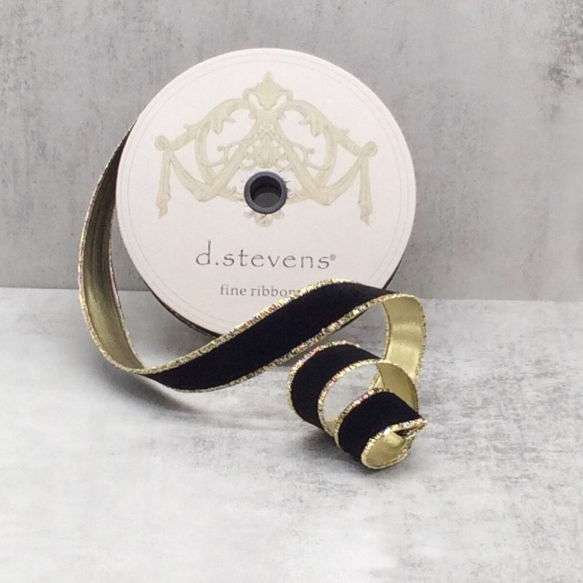 Flocked Velvet Gold Back Black Ribbon 1 Inch x 25 Yds
