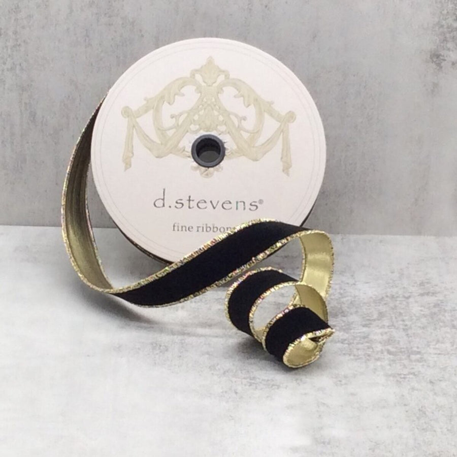 Flocked Velvet Gold Back Black Ribbon 1 Inch x 25 Yds