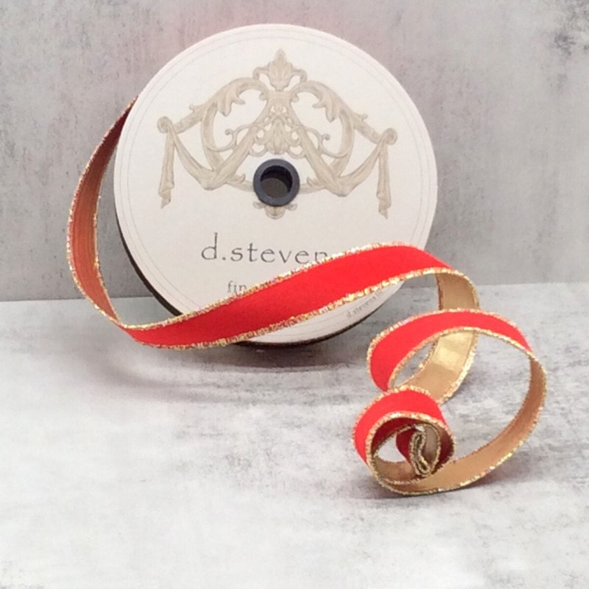 Red Ribbon Flocked Velvet Metallic Gold 1 Inch x 25 Yards