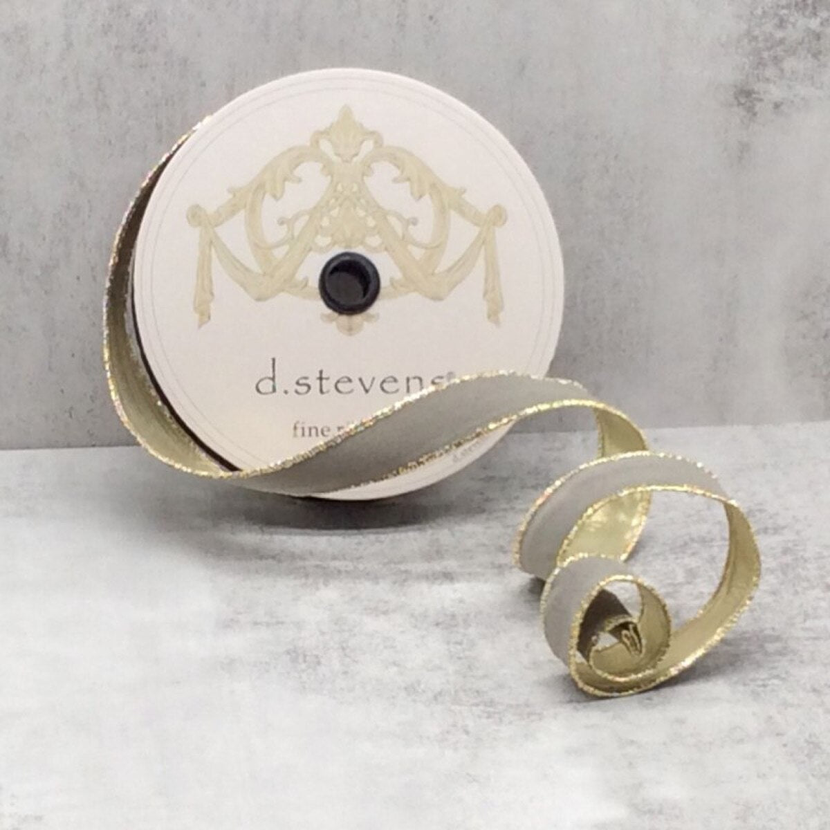 Flocked Velvet Ribbon Grey 1 Inch x 25 Yards Metallic Gold Back