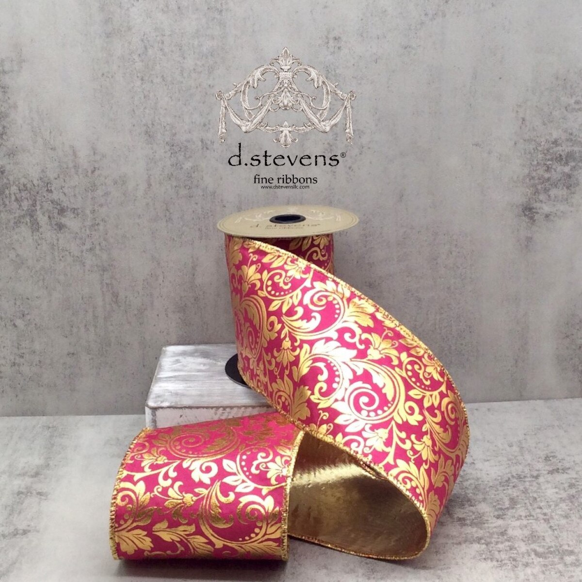 Gold Foil Acanthus Leaf Scroll Fuchsia Ribbon 4" x 10 Yds