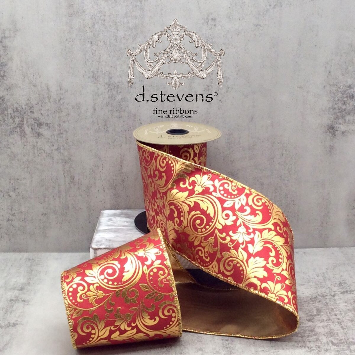 Gold Foil Acanthus Leaf Scroll Red Ribbon 4" x 10 Yds