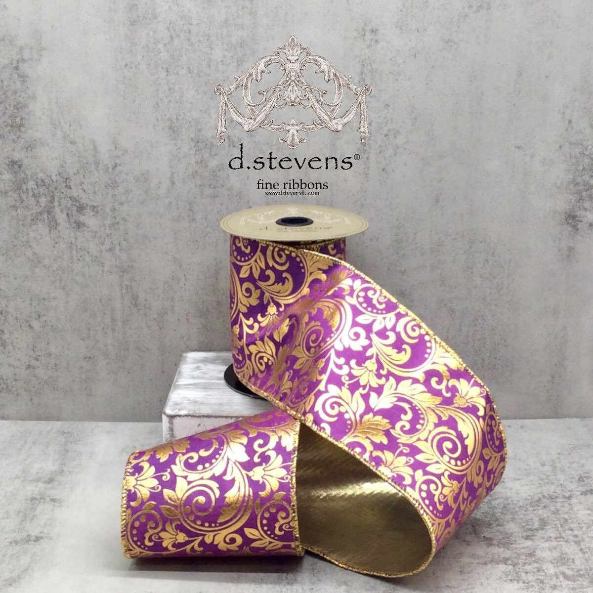 Gold Foil Acanthus Leaf Scroll Purple Ribbon 4" x 10 Yds